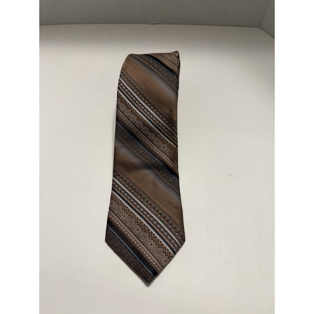 Bergere Mens Necktie Brown Blue Geometric Diagonal Stripe Polyester RN 20547